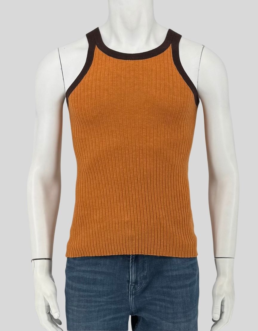 DODO BAR OR ribbed knit tank top in camel with contrasting dark brown trim at neckline and armholes. Sleeveless silhouette with fitted body and retro-inspired athletic aesthetic. 