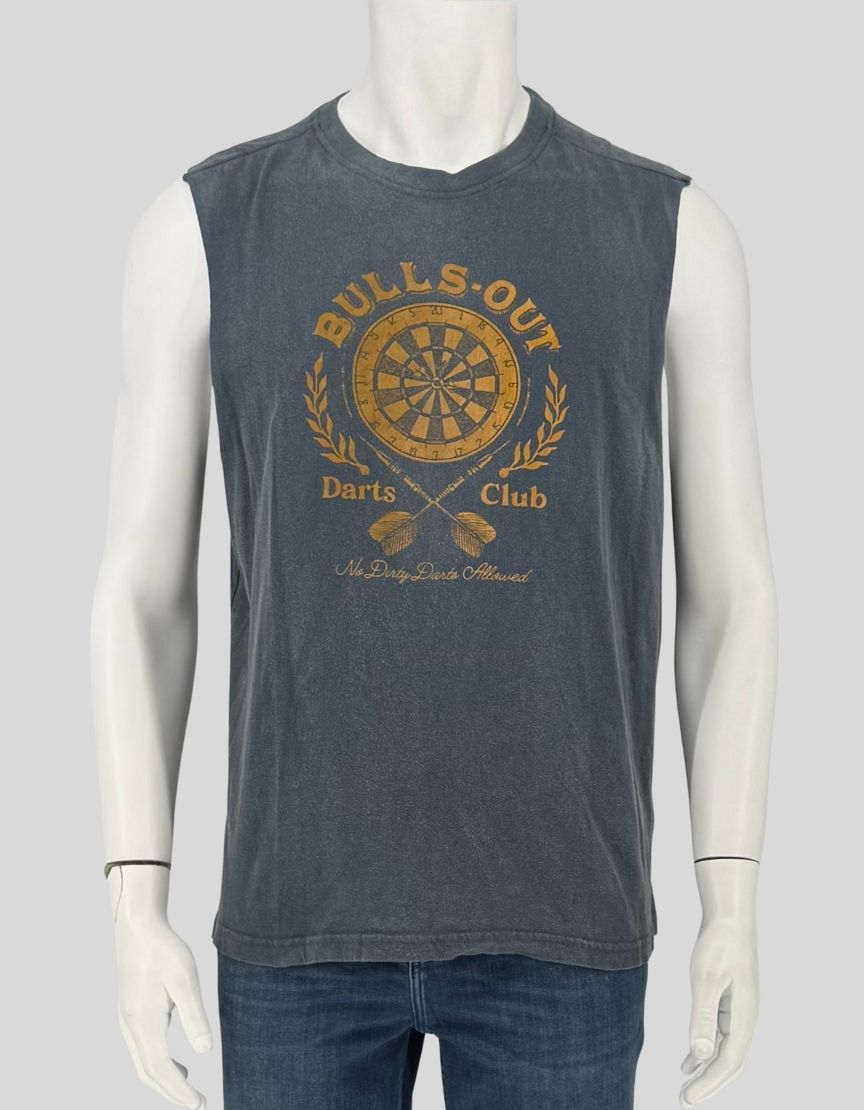 CARBON 2 COBALT sleeveless muscle tee in faded slate with vintage-inspired "Bulls-Out Darts Club" graphic in gold. Soft 100% cotton jersey with a lived-in, garment-washed finish. Raw-edge armholes and split hem crewneck give it an authentic vintage feel. Features a dartboard crest flanked by laurel wreaths and crossed darts with the motto "No Dirty Darts Allowed." 