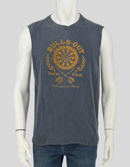 CARBON 2 COBALT sleeveless muscle tee in faded slate with vintage-inspired "Bulls-Out Darts Club" graphic in gold. Soft 100% cotton jersey with a lived-in, garment-washed finish. Raw-edge armholes and split hem crewneck give it an authentic vintage feel. Features a dartboard crest flanked by laurel wreaths and crossed darts with the motto "No Dirty Darts Allowed." 