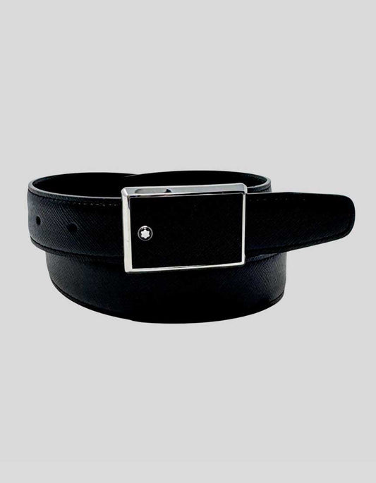 MONTBLANC Contemporary Line belt in black saffiano-printed calfskin leather. Features a distinctive rectangular plate buckle with polished stainless steel frame and black leather inlay, centered with the iconic Montblanc snowcap emblem. 