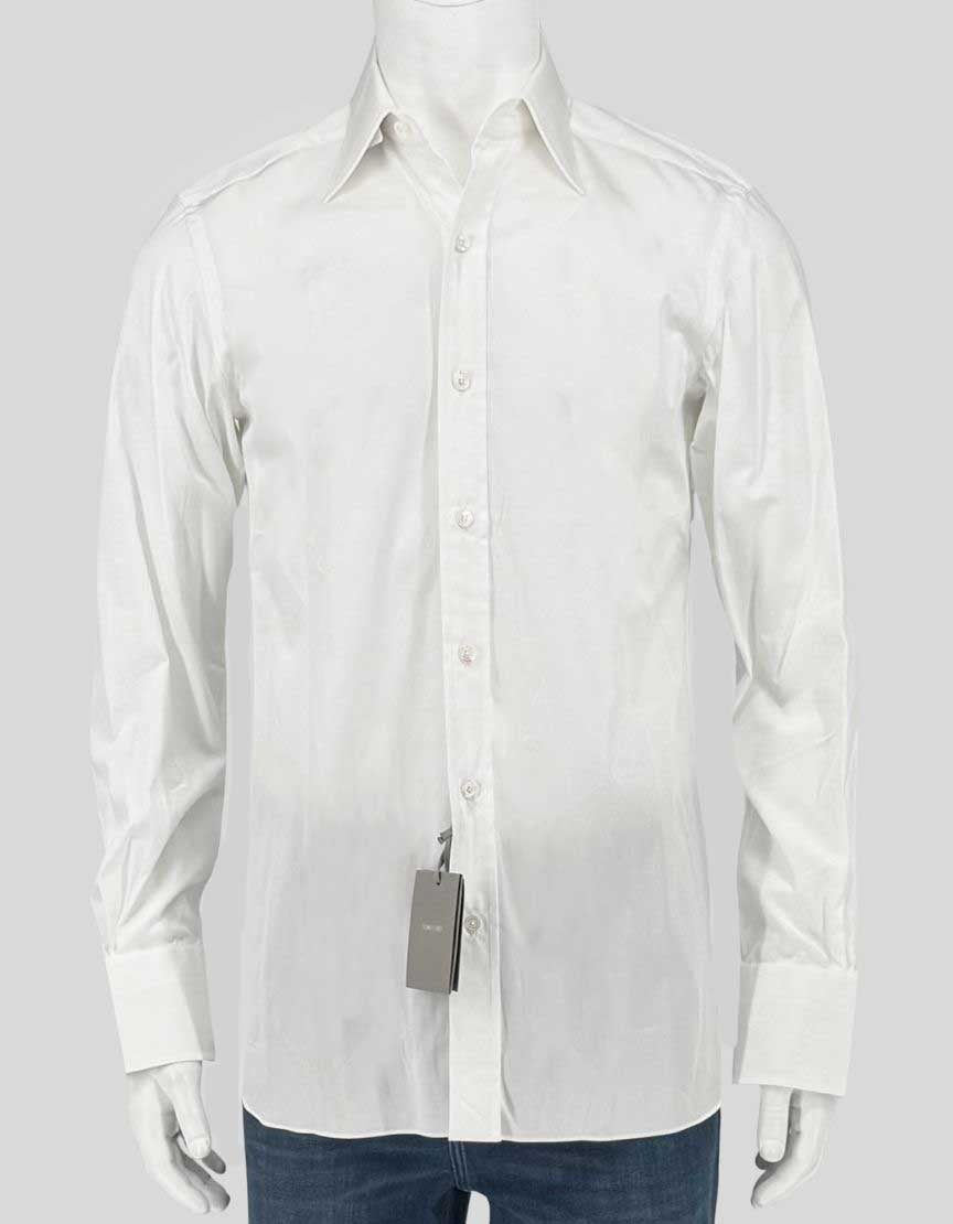 TOM FORD impeccably tailored white dress shirt with a refined point collar, button front, and barrel cuffs. Clean, timeless design in premium cotton with a subtle sheen.