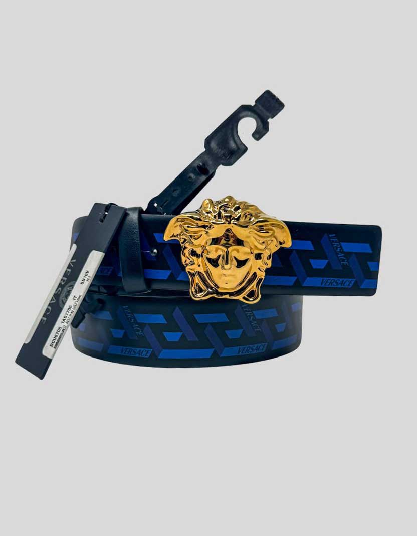 VERSACE La Medusa belt in luxurious Greca-embossed calfskin leather — the signature geometric pattern rendered in striking blue against a black leather ground. Crowned with the iconic sculptural Medusa head buckle in polished gold-tone finish, Single-prong closure with five hole adjustments. 