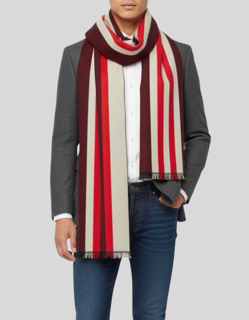 DEVIL'S ADVOCATE blanket scarf in a bold geometric stripe pattern — classic cream with burgundy and red racing stripes that create an eye-catching angular design. Short fringe on both ends.