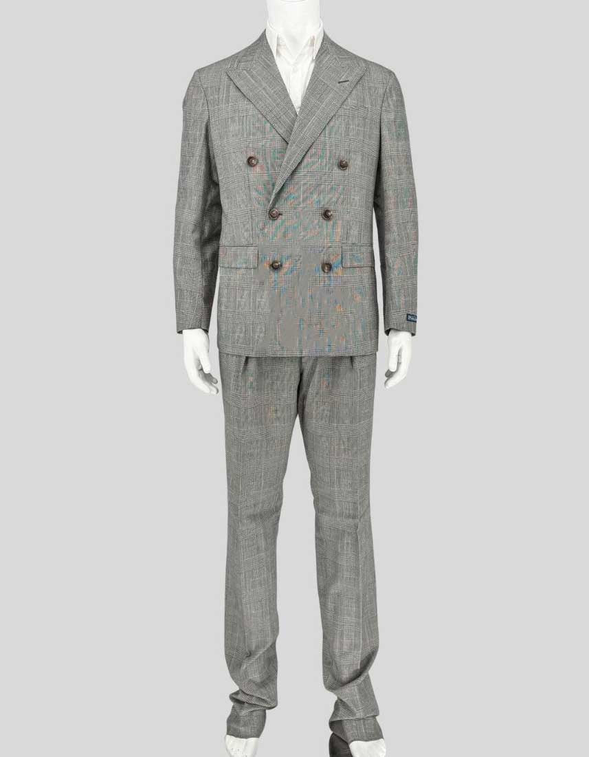 POLO RALPH LAUREN double-breasted suit in classic glen plaid — the timeless Prince of Wales check pattern rendered in sophisticated black and grey. From Ralph Lauren's elevated Classics collection, this six-button (3x2) silhouette features peak lapels, flap pockets, and a fitted structure. Lightweight 100% wool that drapes beautifully and offers year-round versatility.