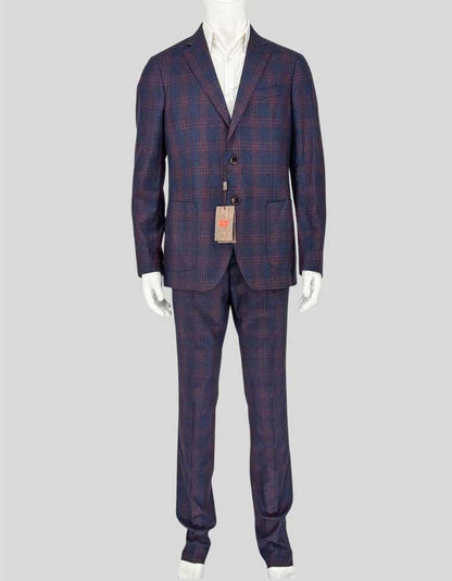 ETRO wool suit in navy with burgundy windowpane plaid. Single-breasted jacket features notched lapels, two-button closure, flap pockets, and signature paisley-print lining. Coordinating flat-front trousers with open hem for custom tailoring.