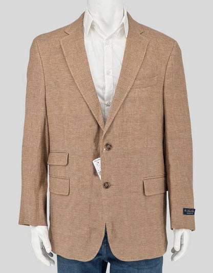 BROOKS BROTHERS camel glen plaid blazer in a lightweight linen-cotton blend. Two-button closure with notch lapels and a tailored fit. 