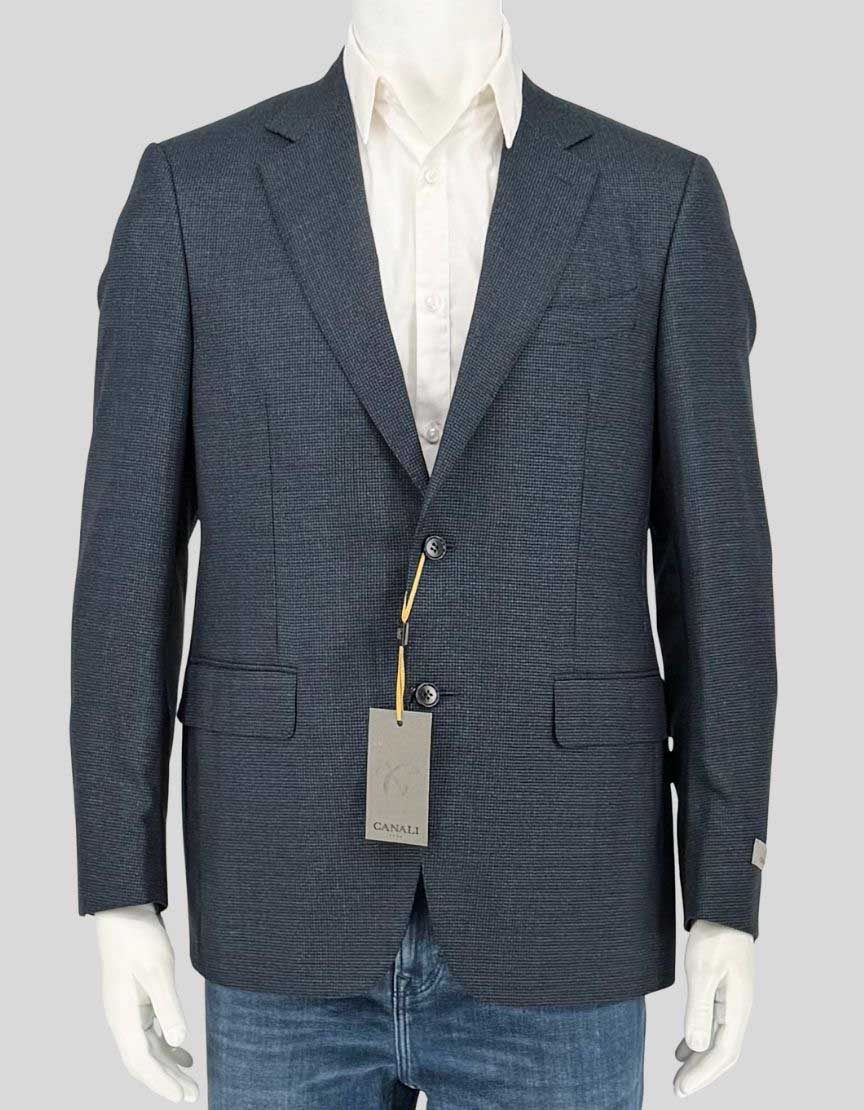 CANALI navy wool blazer crafted in Italy with subtle birdseye texture. Two-button closure with notch lapels and Italian tailoring. 