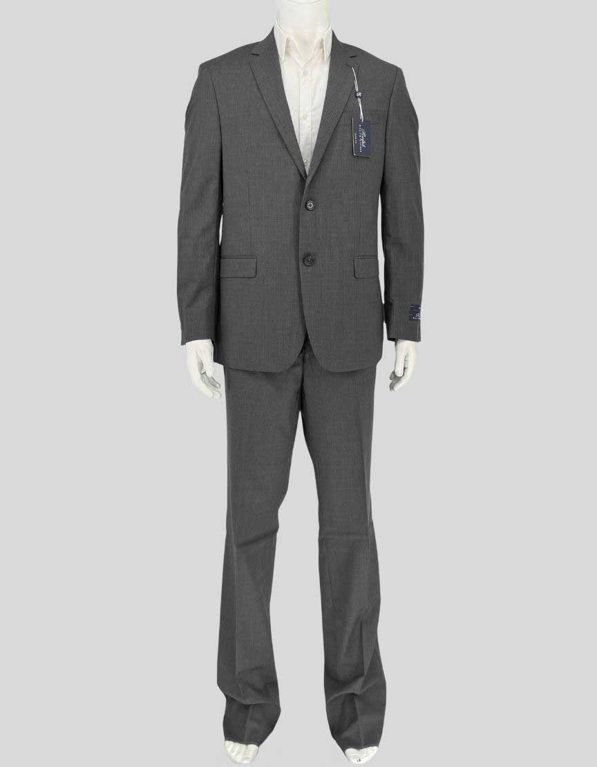 RALPH LAUREN two-piece suit in charcoal grey with subtle pinstripes. Made from 100% wool, this classic suit features a 42 Regular jacket with notch lapels, two-button closure, and flap pockets, paired with flat front dress pants in size 35 waist. Refined pinstripe pattern. Traditional fit. 
