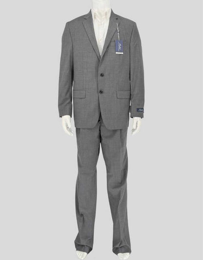 RALPH LAUREN two-piece suit in sophisticated grey. Made from 100% wool, this classic suit features a 41 Regular jacket with notch lapels, two-button closure, and flap pockets, paired with pleated front dress pants in size 35 waist. Traditional pleated styling and premium wool fabric.