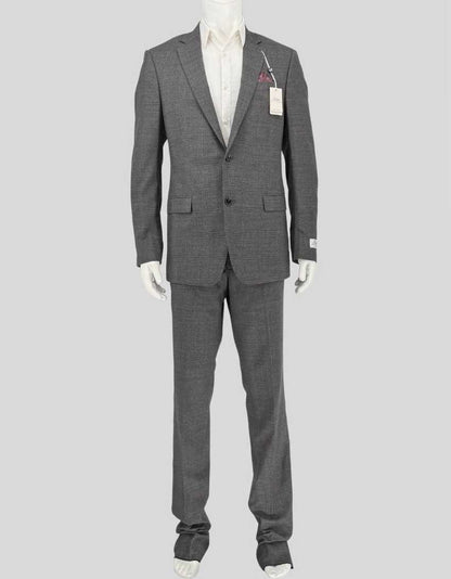 RALPH LAUREN two-piece suit in sophisticated grey/brown with subtle textured weave. Made from 100% wool, this versatile suit features a 42 Long jacket with notch lapels, two-button closure, and flap pockets, paired with flat front dress pants in size 35 waist. Extended length jacket provides ideal proportions for taller frames.