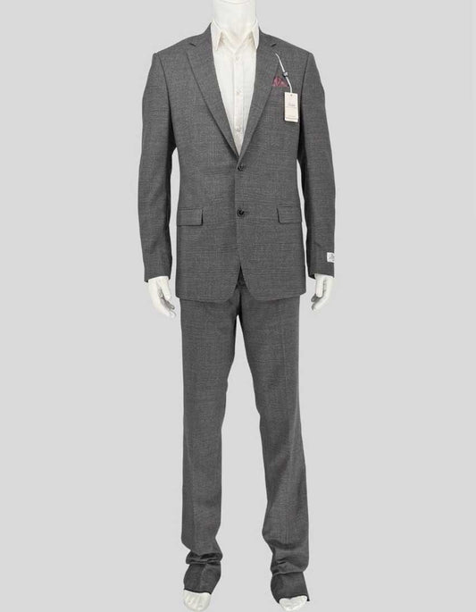 RALPH LAUREN two-piece suit in sophisticated grey/brown with subtle textured weave. Made from 100% wool, this versatile suit features a 42 Long jacket with notch lapels, two-button closure, and flap pockets, paired with flat front dress pants in size 35 waist. Extended length jacket provides ideal proportions for taller frames.