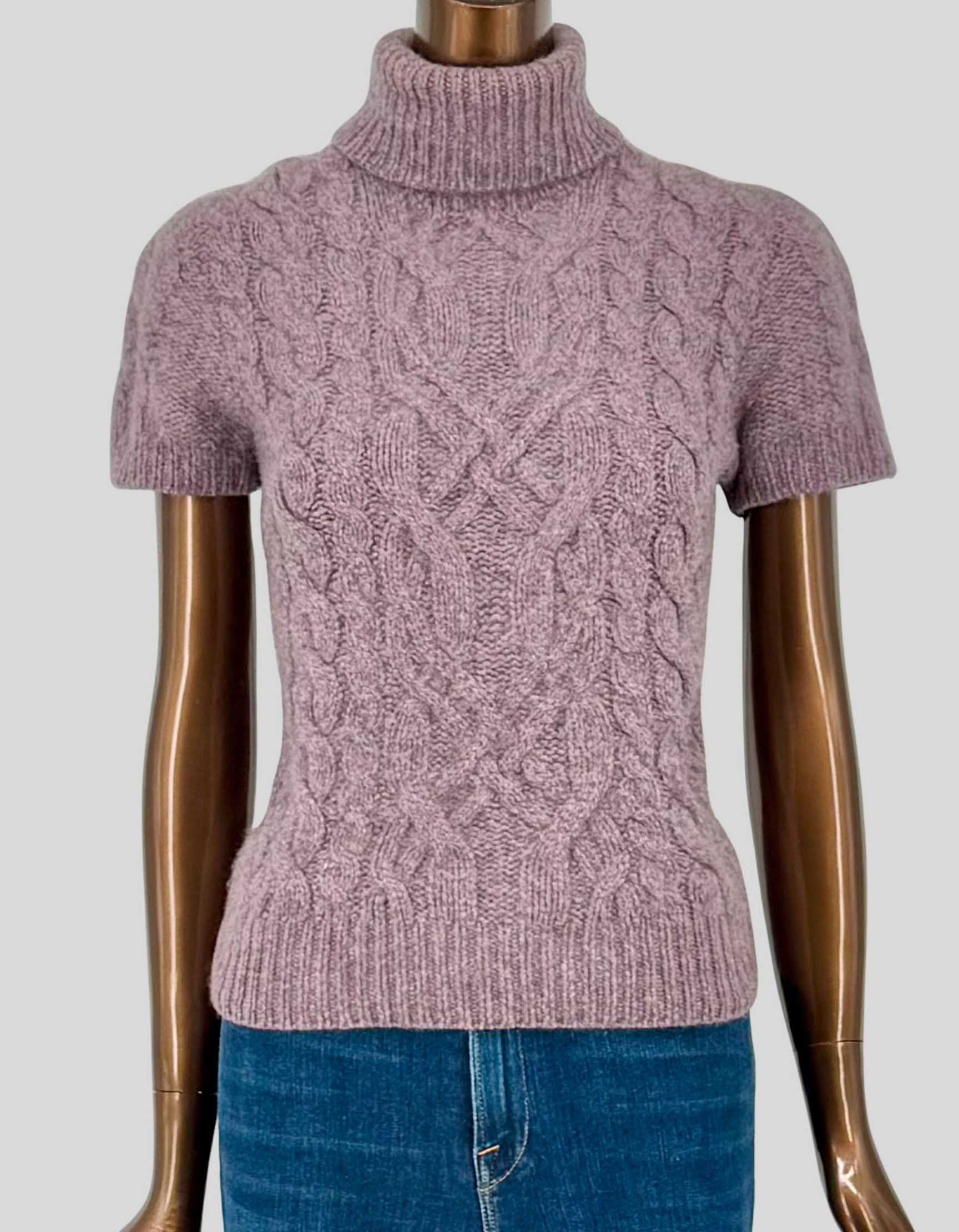 RALPH LAUREN short-sleeve turtleneck sweater in soft mauve/dusty purple showcasing intricate cable knit detailing throughout. Crafted from luxurious 100% cashmere for unmatched softness and warmth. The classic cable knit pattern adds timeless texture while the turtleneck and ribbed trim provide structure and polish. 
