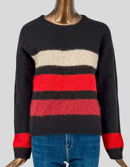 RAG & BONE crew neck sweater in charcoal grey featuring bold horizontal stripes in cream, bright red, and coral pink, with vibrant red cuffs for a modern pop of color. Crafted from a premium blend of 68% wool, 23% mohair, and 9% nylon for exceptional softness, warmth, and durability.