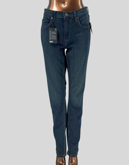PAIGE Federal slim straight jeans in "Banner" dark blue wash. Modern slim straight fit with slight ease at the hip, loosely fitted through the thigh, and straight from the knee down.