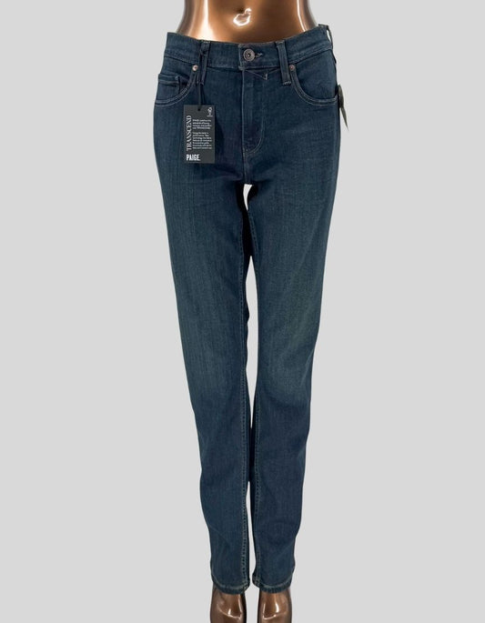 PAIGE Federal slim straight jeans in "Banner" dark blue wash. Modern slim straight fit with slight ease at the hip, loosely fitted through the thigh, and straight from the knee down.