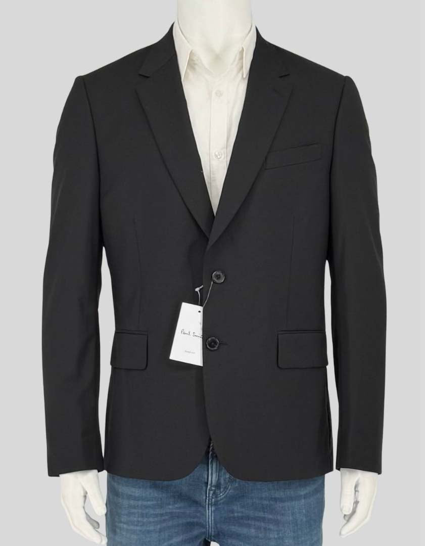 PAUL SMITH black blazer in the modern SOHO fit featuring signature contrast lining in cobalt blue and burnt orange. Italian-made from luxurious wool-mohair blend with two-button closure, notched lapels, and flap pockets.
