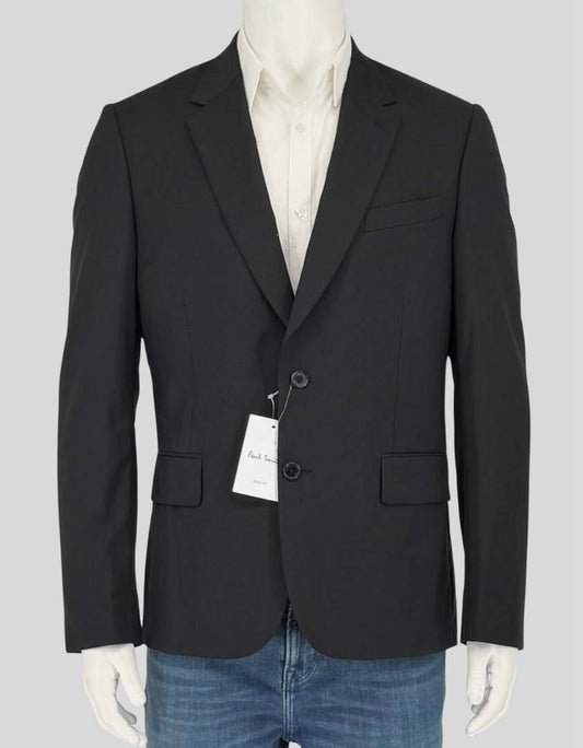 PAUL SMITH black blazer in the modern SOHO fit featuring signature contrast lining in cobalt blue and burnt orange. Italian-made from luxurious wool-mohair blend with two-button closure, notched lapels, and flap pockets.