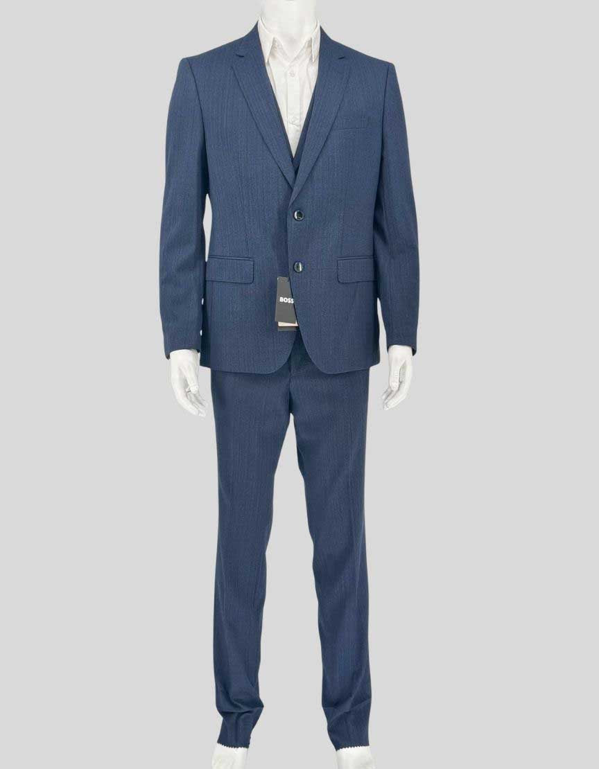 HUGO BOSS three-piece suit in Marzotto Italian virgin wool with stretch tailoring for comfort and breathability. Slim fit jacket features full lining, interior pockets, and dual vents. Four-button vest includes adjustable back strap. Flat-front pants with unfinished hem for custom tailoring.
