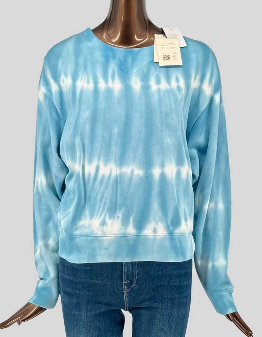 7 FOR ALL MANKIND tie-dye sweatshirt in mint blue with horizontal tie-dye pattern. Crew neckline with ribbed collar, long sleeves with ribbed cuffs, and ribbed hem. Relaxed fit construction. Arrives new with all original tags attached. 