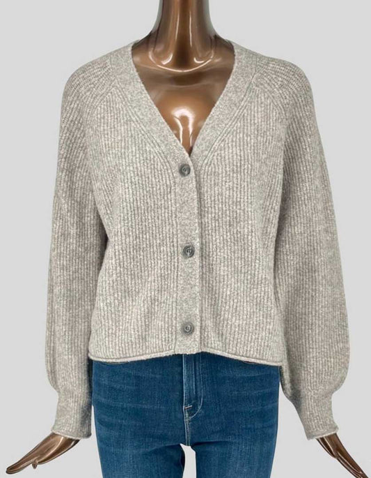 VELVET BY GRAHAM &amp; SPENCER ribbed cardigan in oatmeal grey with wool, nylon, and viscose blend. V-neckline with three-button closure. Ribbed knit texture throughout body. Long sleeves with ribbed cuffs and ribbed hem. Relaxed fit. Small hole on upper back - sold AS-IS. 